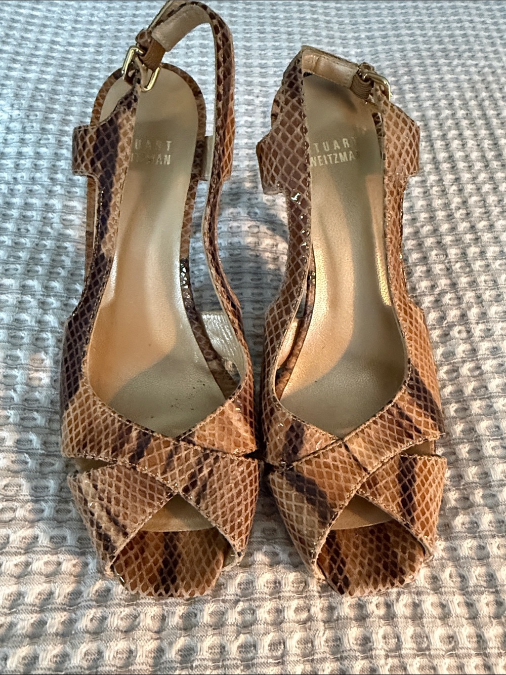 Stuart Weitzman Brown Snake-Print Peep-Toe Slingback Heels in size 7